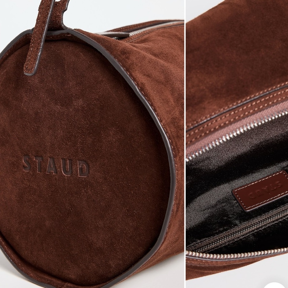 STAUD Taru suede brown large cylinder shoulder crossbody bag - Picture 3 of 9